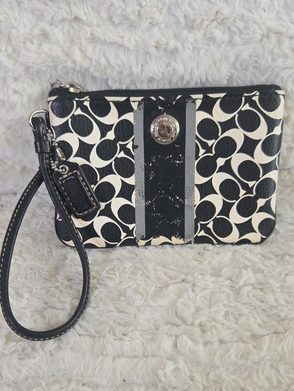Coach Black and Ivory Signature Stripe Wristlet